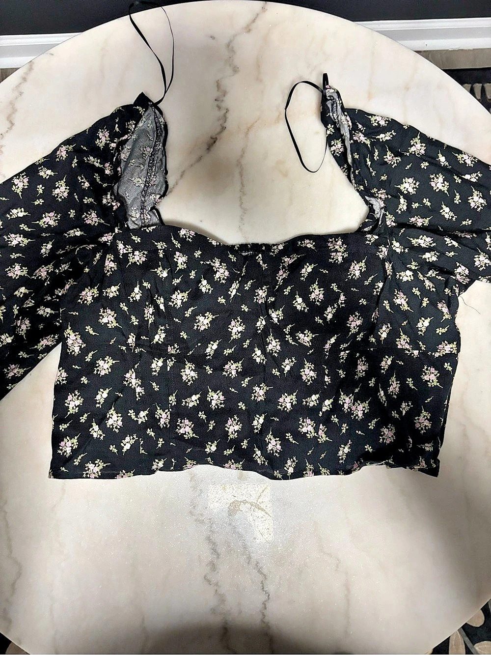 H&M Linen-Blend Cropped Blouse Floral Crop Top Black & Pink XL